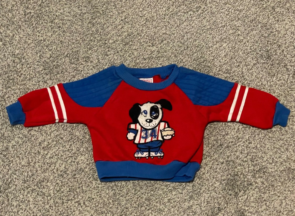 Vintage Buster Brown Baby Sweater 6-9 Months Red Puppy Hockey Graphic 90s